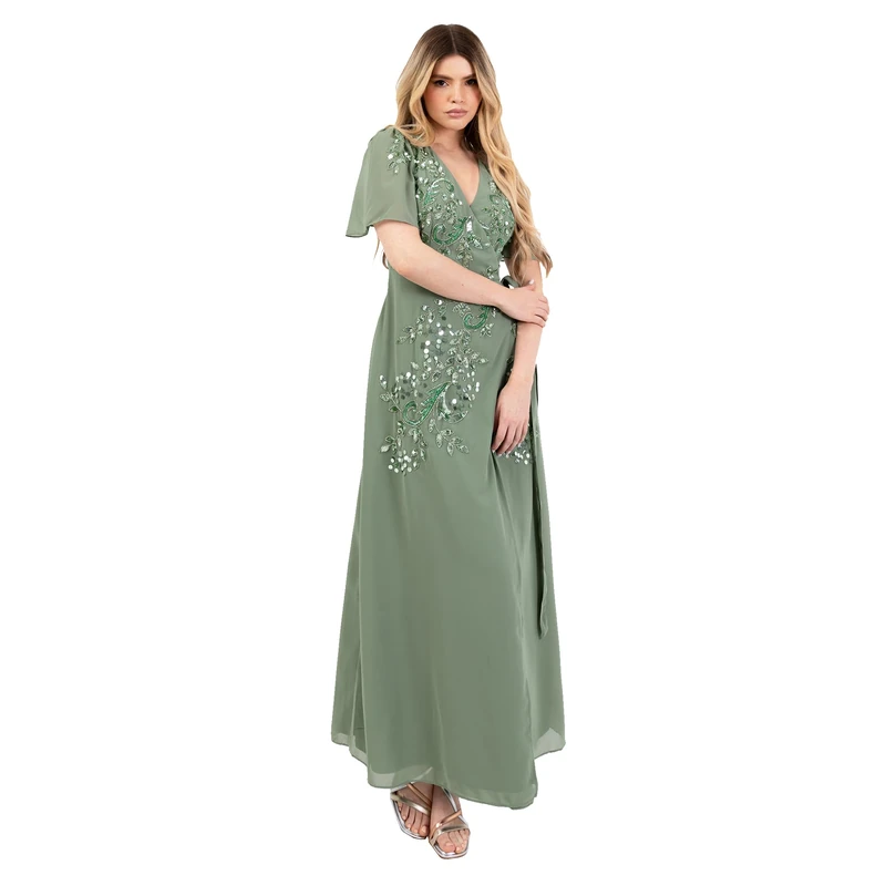 Maya Deluxe Women's Maxi Dress Ladies V-Neck Short Angel Sleeve Wrap Sequin Embellished Chiffon Tie Evening Occasion Prom Ball Gown, Deep Mint 22