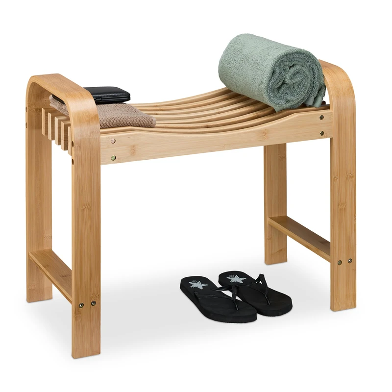 Relaxdays bathroom stool, bamboo, handles, ergonomic seat, HxWxD: 54 x 65 x 33 cm, bench for hallway and bathroom, natural