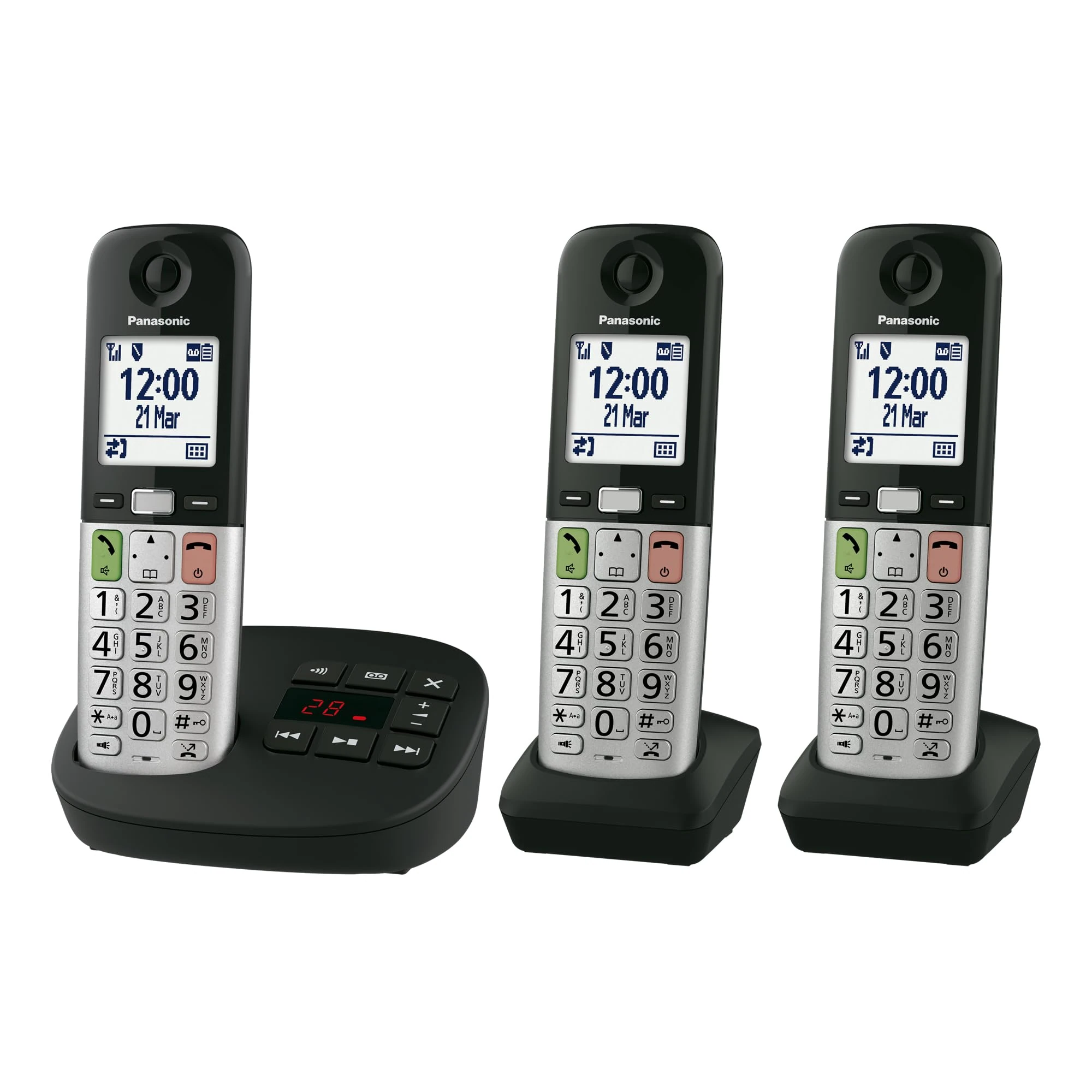 Panasonic KX-TGU433EB Digital Cordless Landline Phone with Answering Machine, Base Unit & 3 Handsets, 2.1” (5.3 cm) LCD Display, Fav Call, Torchlight, Hearing Aid Compatible, Black & Silver