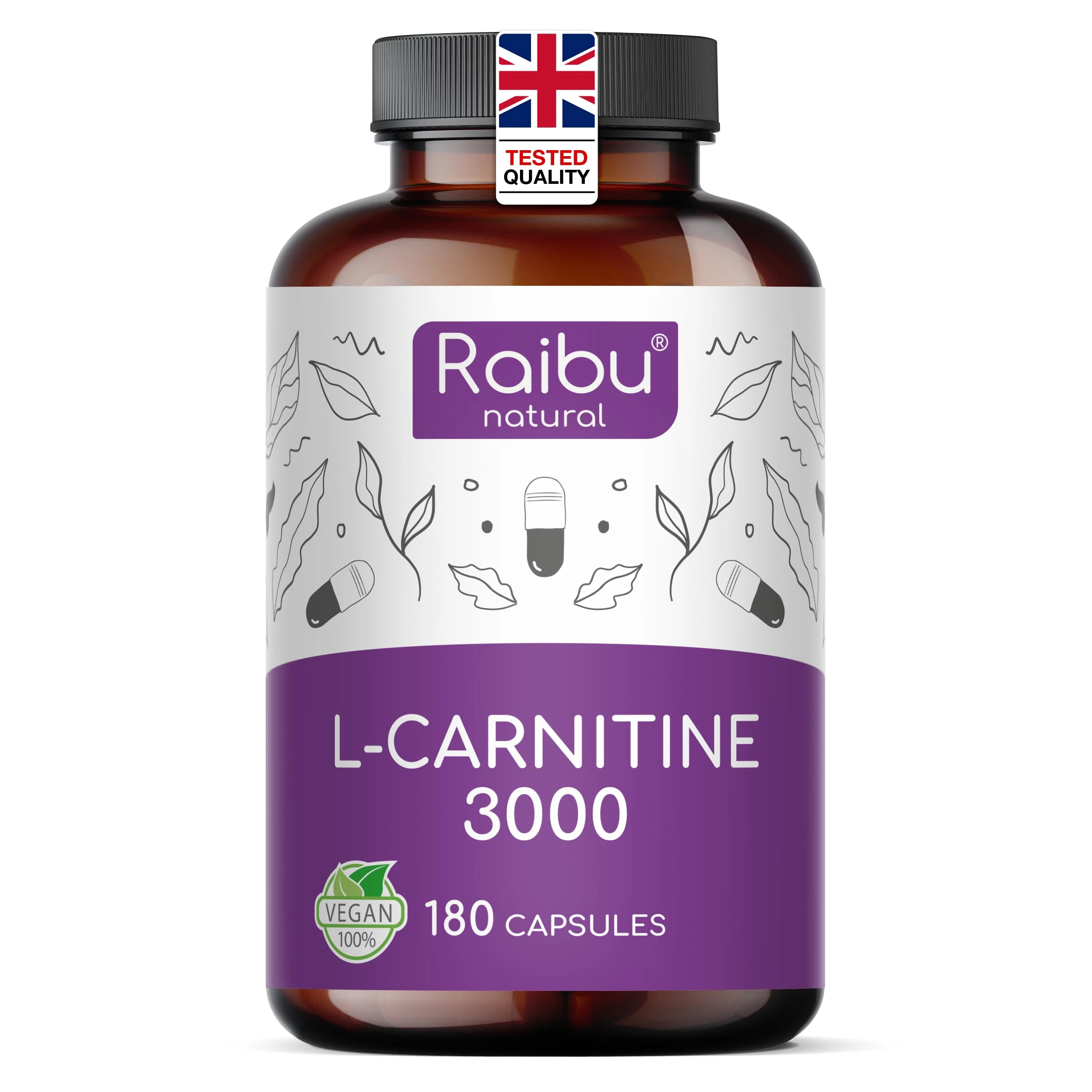 L-Carnitine 3000-180 High-Strength Capsules - L-Carnitine Tartrate 3000mg per Daily Dose - Energy & Metabolism Support - Vegan, Natural & Laboratory Tested - Raibu