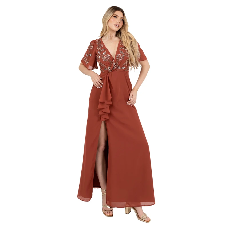 Maya Deluxe Women's Maxi Dress Ladies V-Neck Short Angel Sleeve Sequin Embellished Ruffles Side Split A-line Evening Ball Gown, Rust 6