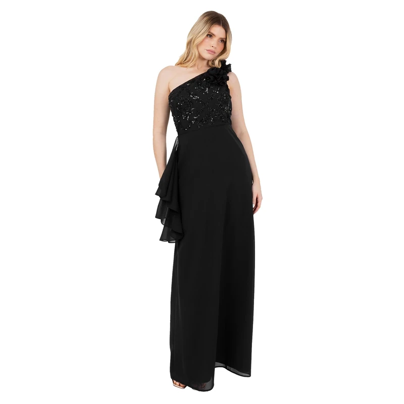 Maya Deluxe Women's Maxi Dress Ladies One Shoulder Necklline Sleeveless Sequin Embellished Rosette A-line Evening Prom Ball Gown, Black 10 - Image 1