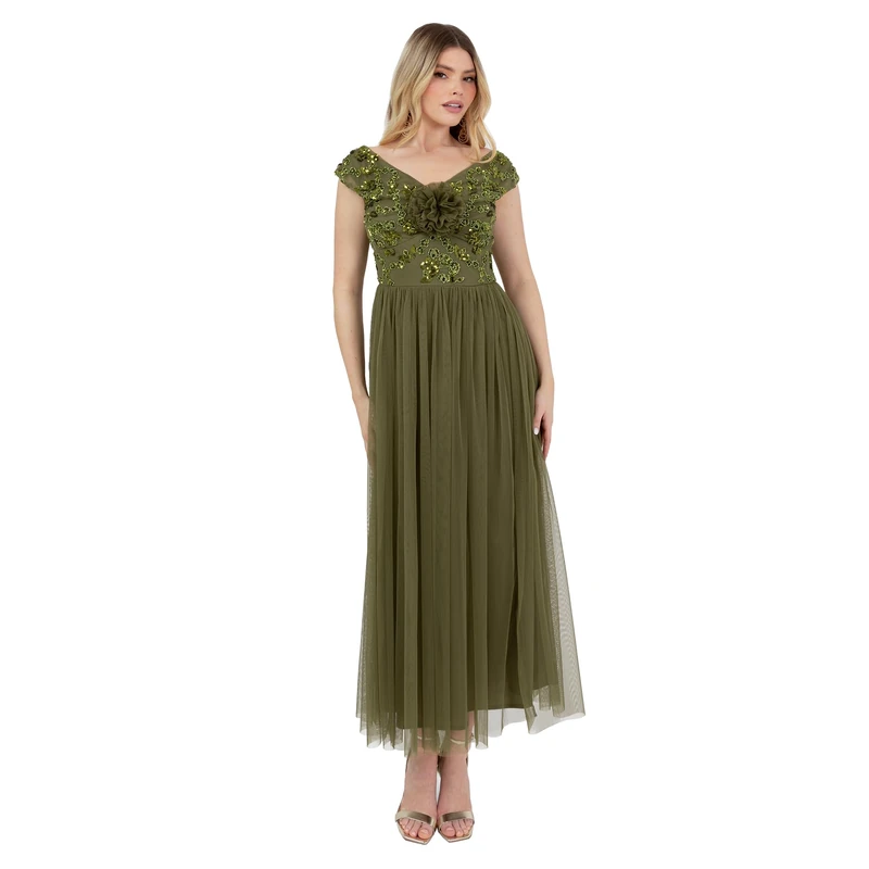 Maya Deluxe Women's Midaxi Dress Ladies Sleeveless Off Shoulder Bardot Sequin Embellished Tulle Rosette Bridesmaid Wedding Guest, Olive 6