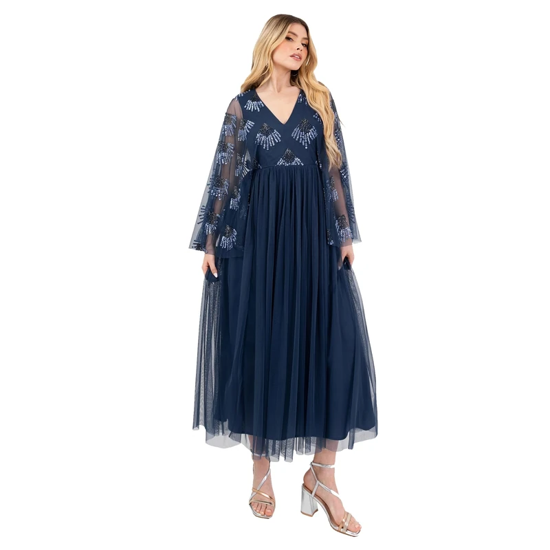 Maya Deluxe Women's Midaxi Dress Ladies V-Neck Long Wide Angel Sleeves Sequin Embellished Empire A-line Tulle Evening Prom Ball Gown, French Navy 26