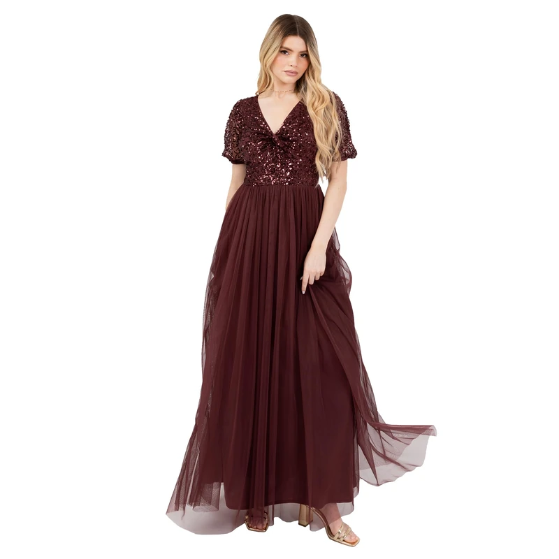 Maya Deluxe Women's Maxi Dress Ladies V-Neck Short Puff Sleeve Sequin Embellished Twist Front Tulle A-line Bridesmaid Prom Ball Gown, Cranberry 14