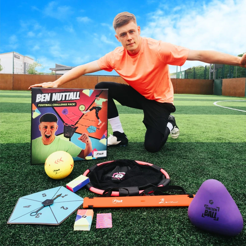 Ben Nuttall Football Challenge Pack powered by Flick - Over 500 challenge combinations. Includes Soft Skills ball, Reaction Ball, Agility Ladder, Goal Target, Spinner & 50 Cards