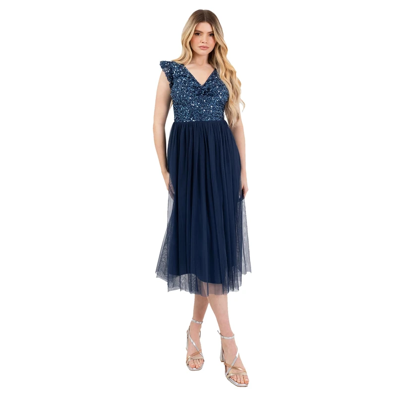 Maya Deluxe Women's Midi Dress Ladies V-Neck Flutter Sleeve Sequin Embellished Twist Front Tulle Wedding Guest Bridesmaid Occasion Women, Navy Blue, 22