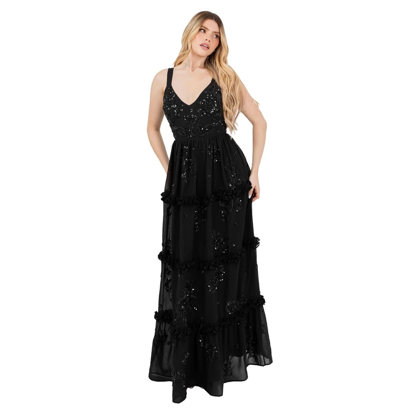 Maya Deluxe Women's Maxi Dress Ladies Sleeveless V-Neck Sequin Embellished Floral Ruffle Chiffon A-line Open Back Tie Prom Ball Gown, Black 14