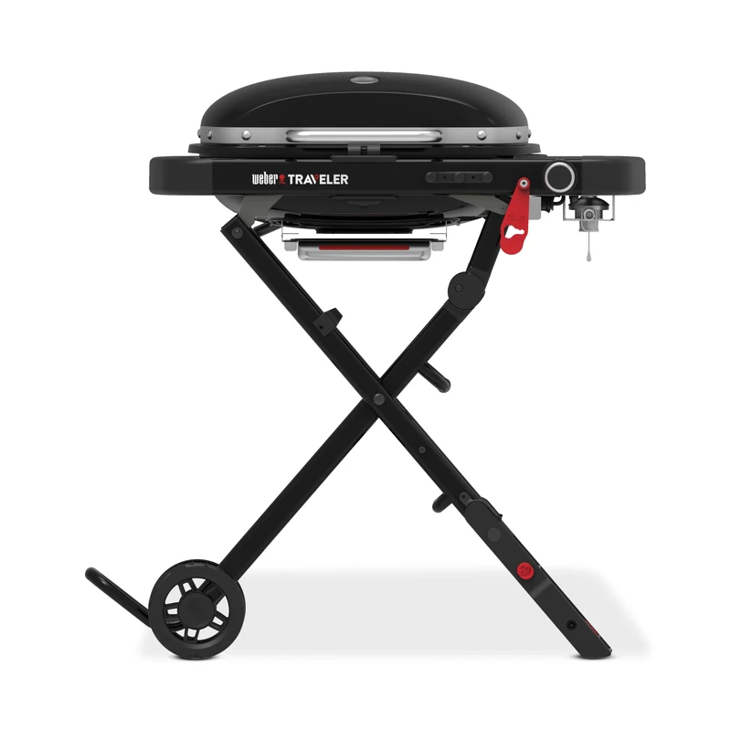 Weber Traveler Compact Gas Barbecue/Portable Collapsible Design with Wheels, Automatic Lid Lock and Lid Thermometer, 1 Burner, 81 cm Wide, 52 x 36 cm Cooking Surface, Black