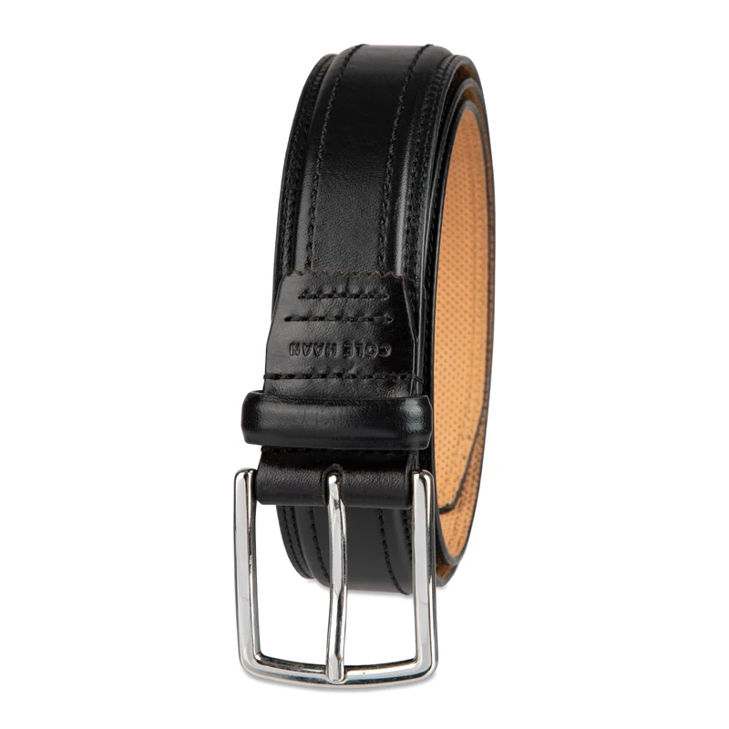 Cole Haan mens Black Leather Dress Belt - Classic Style With Polished Buckle for Work Or Formal Wear, Black Stitch, 34