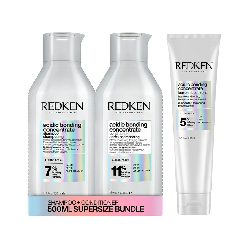 REDKEN Acidic Bonding Concentrate Shampoo 500ml, Conditioner 500ml and Leave-In Treatment 150ml Bond Repair Supersize Bundle