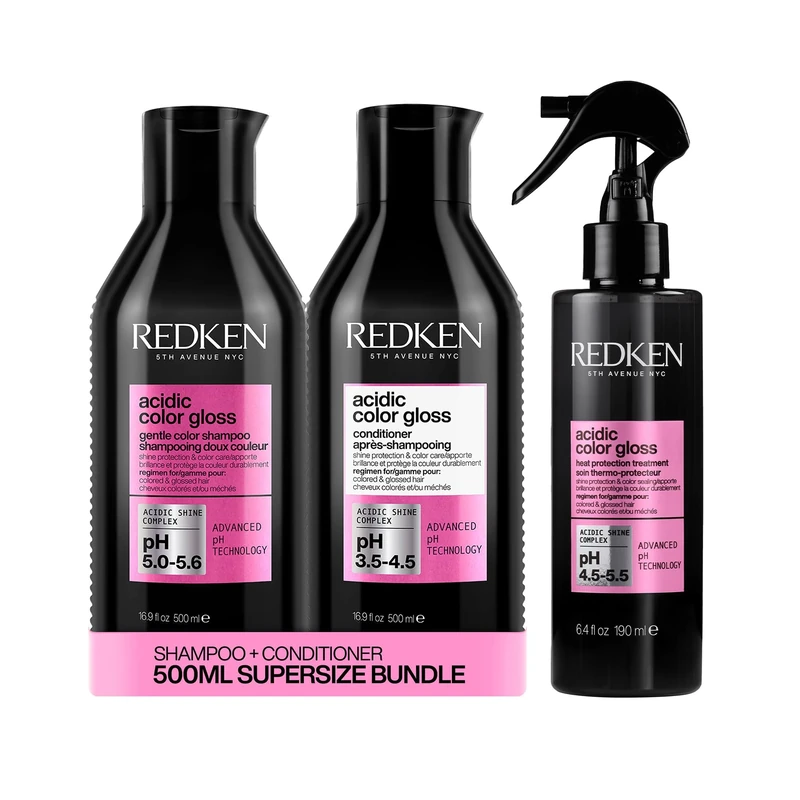 REDKEN Acidic Color Gloss Sulphate-Free Shampoo & Conditioner Supersize 500ml and Heat Protection Leave-In Treatment 190ml