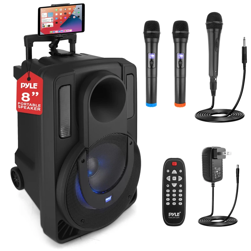 Pyle PA System Party Speaker 8 Inch Bluetooth Speaker 280W with 2 Wireless Microphones and Wired Microphone, Karaoke Speaker with Tablet Stand, LED Lights, Portable Rechargeable Battery