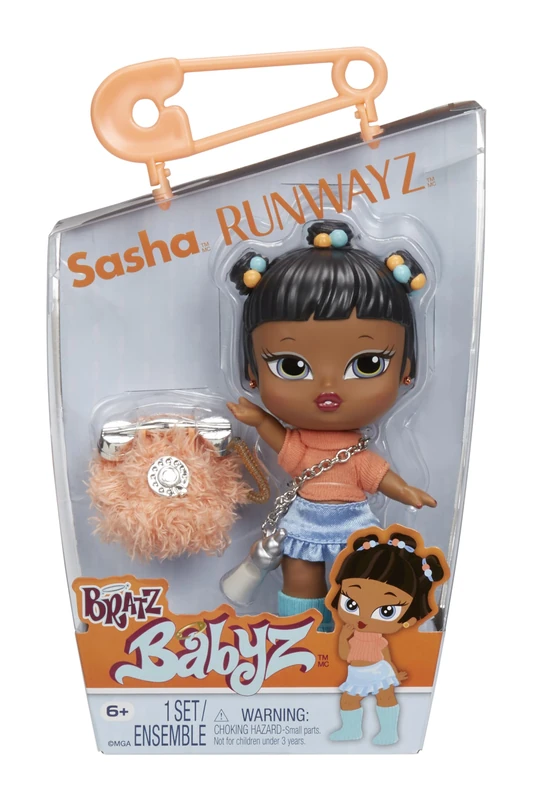 Bratz Babyz Runwayz - Sasha - 1 Collectible Fashion Doll with Stylish Outfit, Cute Baby Doll with a Necklace That Doubles as a Keychain - Kids Toy - Great for Ages 6 and Older