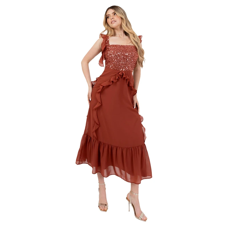 Women's Midaxi Dress Ladies Sleeveless Square Neck Cami Sequin Embellished Ruffle A-line Tiered Hem Prom Ball Gown, Brown (Rust), 10
