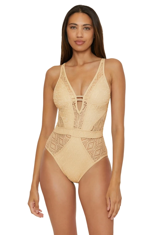 BECCA Women's Color Play One Piece Swimsuit, Plunge Neck, Crochet, Bathing Suits, Gold, XS