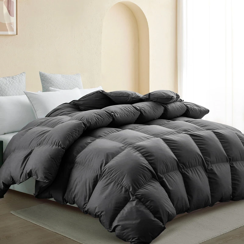 SNOWMAN All-Season 75% Down Comforter Queen Size, Fluffy Duvet Insert with 8 Corner Tabs, Durable Down Proof Cotton Blended Fabric and 3D Baffle Box Construction (Dark Grey, 90"x90")