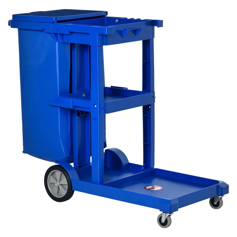 HOMCOM Cleaning Carts On Wheels, Janitorial Trolley with 3 Tier Shelves, Housekeeping Utility Service Unit with Rubbish Bag and Mop Mount for Hotel, Office, Blue - Image 1