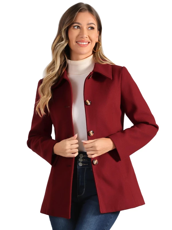 Allegra K Women's Work Office Winter Overcoat Single Breasted Point Collar Pea Coat, Red, S