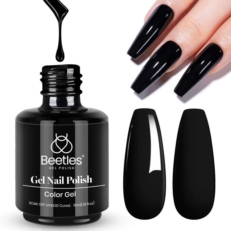 Beetles Gel Nail Polish, 1 Pcs 15ml Audrey Black Colour Soak Off Gel Polish Nail Art Manicure Salon DIY Nail Uv Cured Gel Nail Design Decoration Gift for Girls