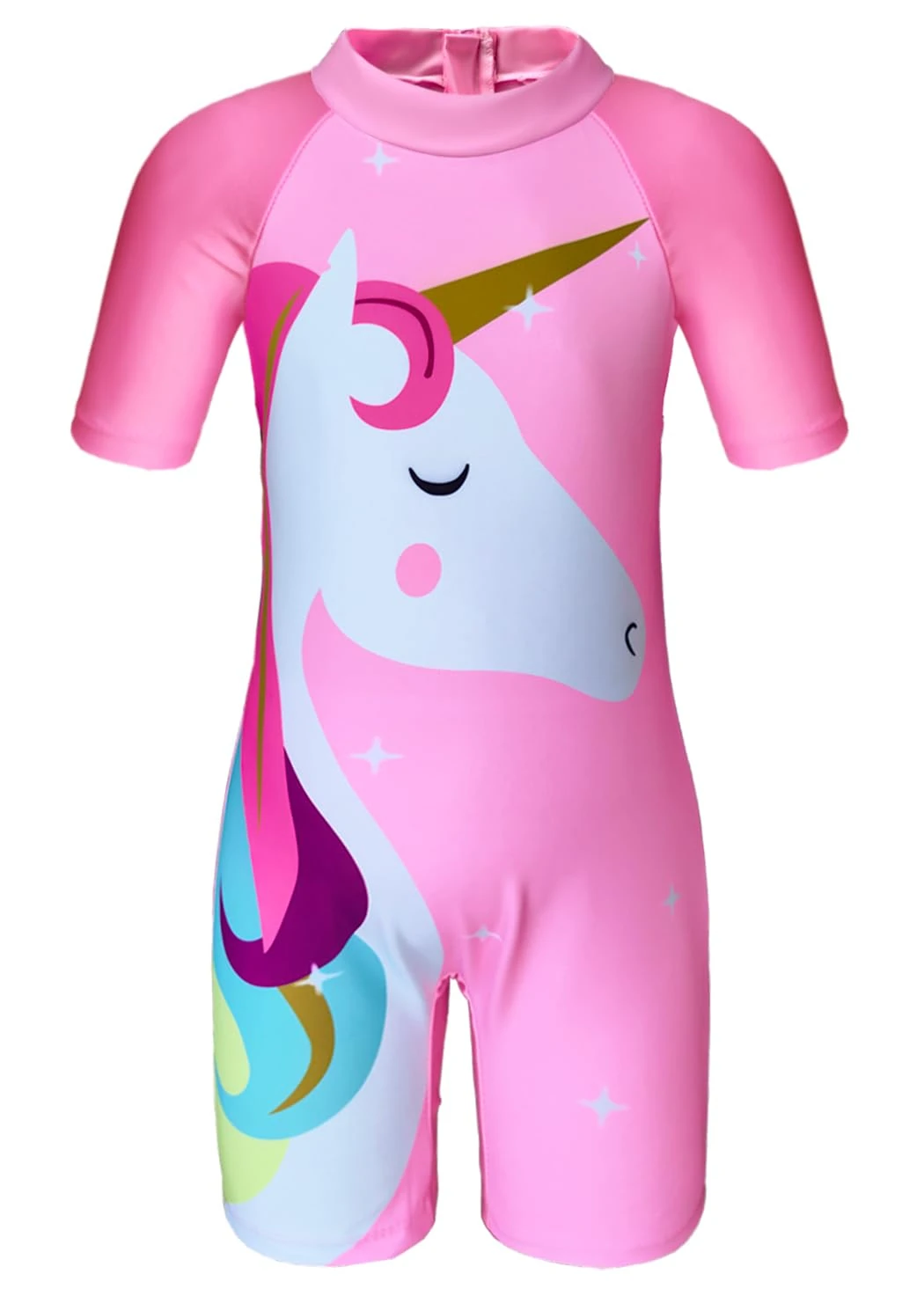Moneric Girls Swimming Costume Kids One Piece Swimsuit Unicorn Swimwear UV Protection Zipper Bathing Suit Rash Guard Surfing Beachwear Pink Age 5-6 Year