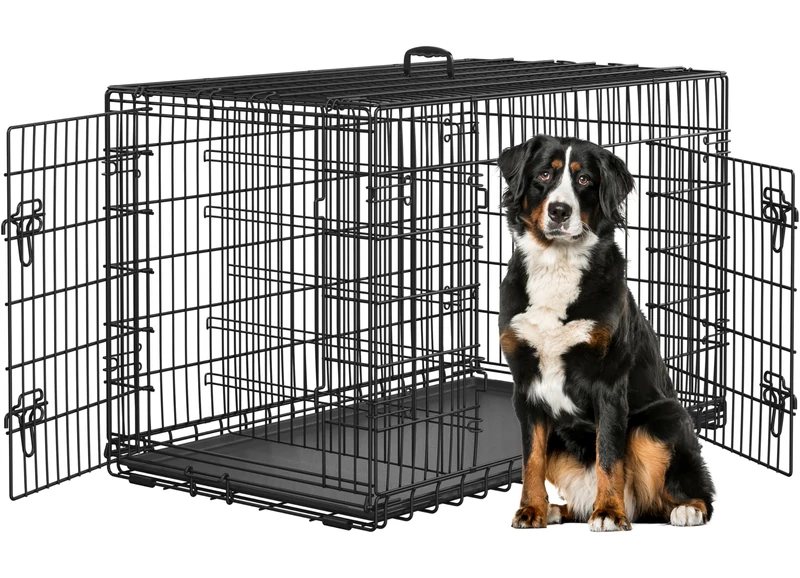 Yaheetech Foldable Dog Cage Metal Dog Transport Box 120 x 70.5 x 78 cm Outdoor Indoor Dog Kennel 2 Lockable Doors and Removable Tray Puppy Cage