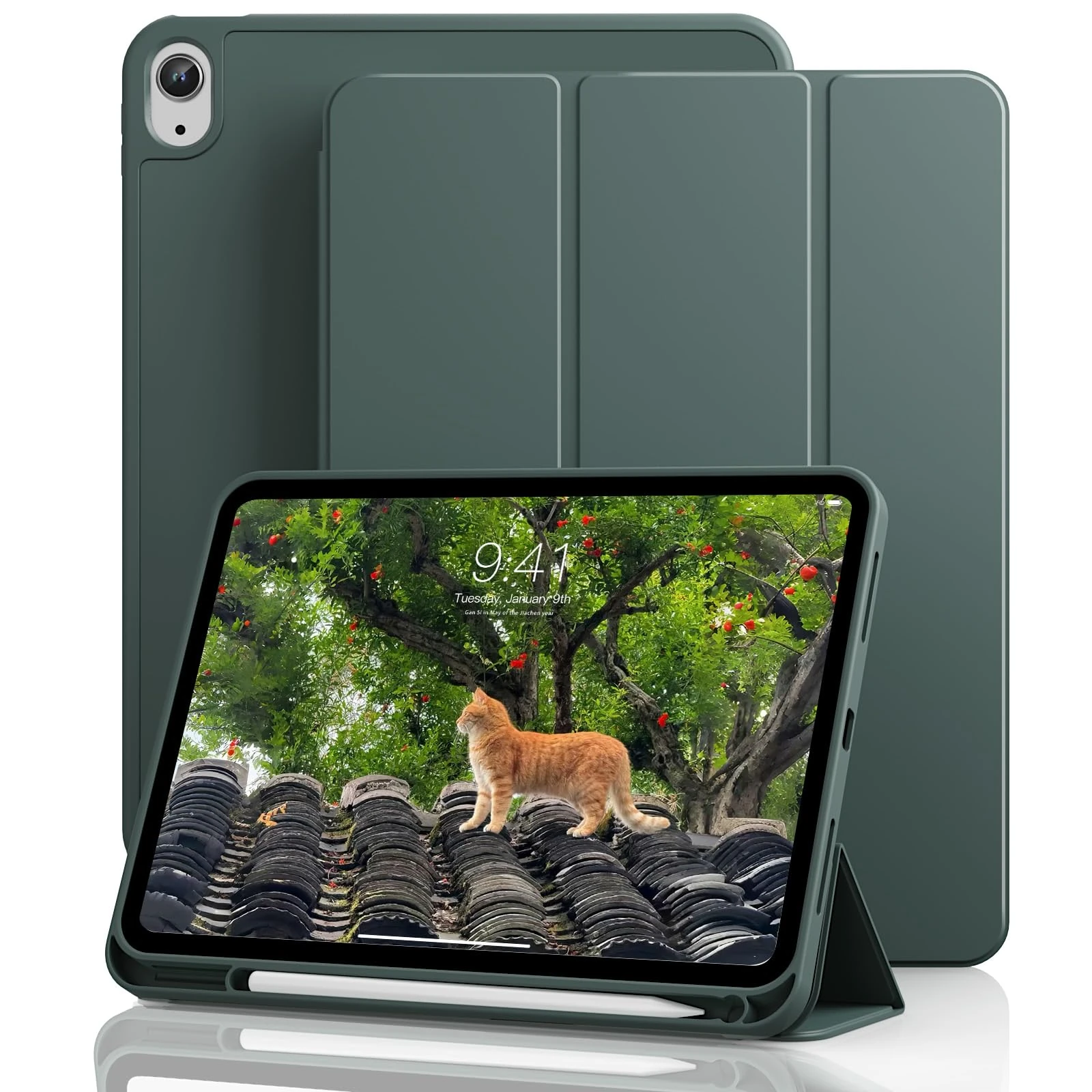 GKABXY for iPad 11/10th Gen Case with Pencil Holder 11/10.9 inch 2025 A16/2022, Soft TPU Back Shell Hybrid Slim Trifold Stand Protective Cover Support Touch ID Auto Wake/Sleep, Dark Green