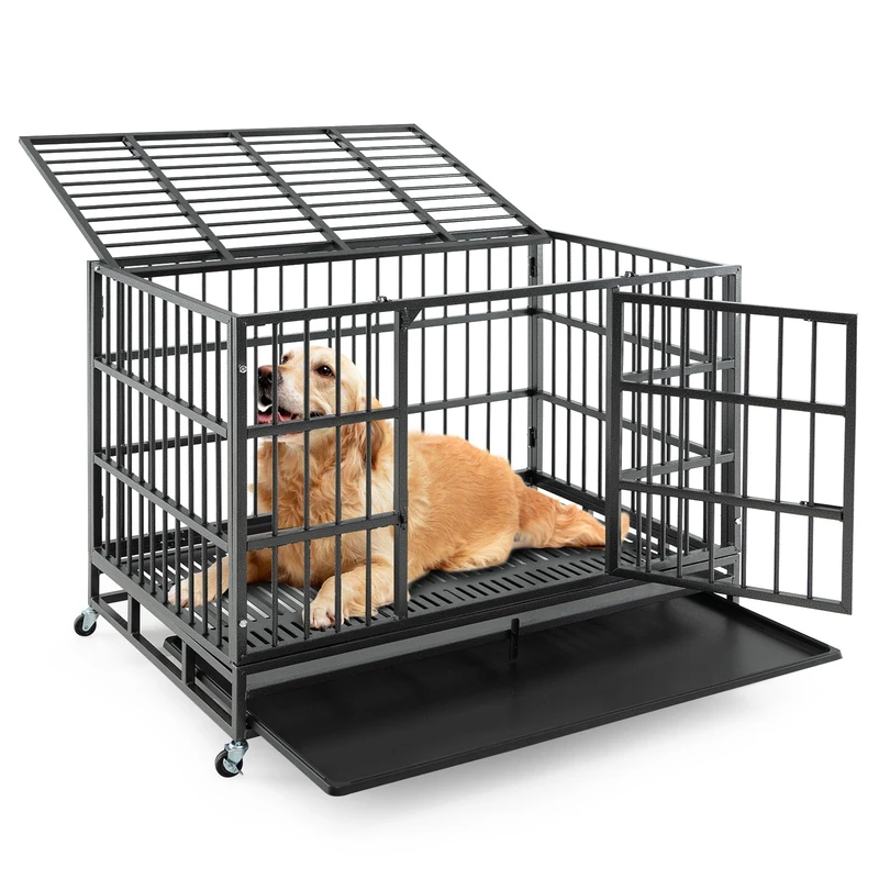 GYMAX 38''/48” Heavy-Duty Dog Crate, Foldable Dog Kennel Crate Lockable Wheels & Doors, Removable Tray, Indoor Outdoor Chew-Proof Pet Crate for Large Dogs (120 x 76 x 90cm)