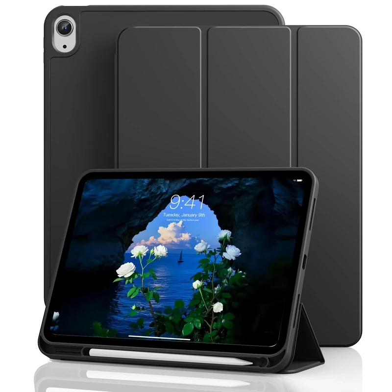 GKABXY for iPad 11/10th Gen Case with Pencil Holder 11/10.9 inch 2025 A16/2022, Soft TPU Back Shell Hybrid Slim Trifold Stand Protective Cover Support Touch ID Auto Wake/Sleep, Black