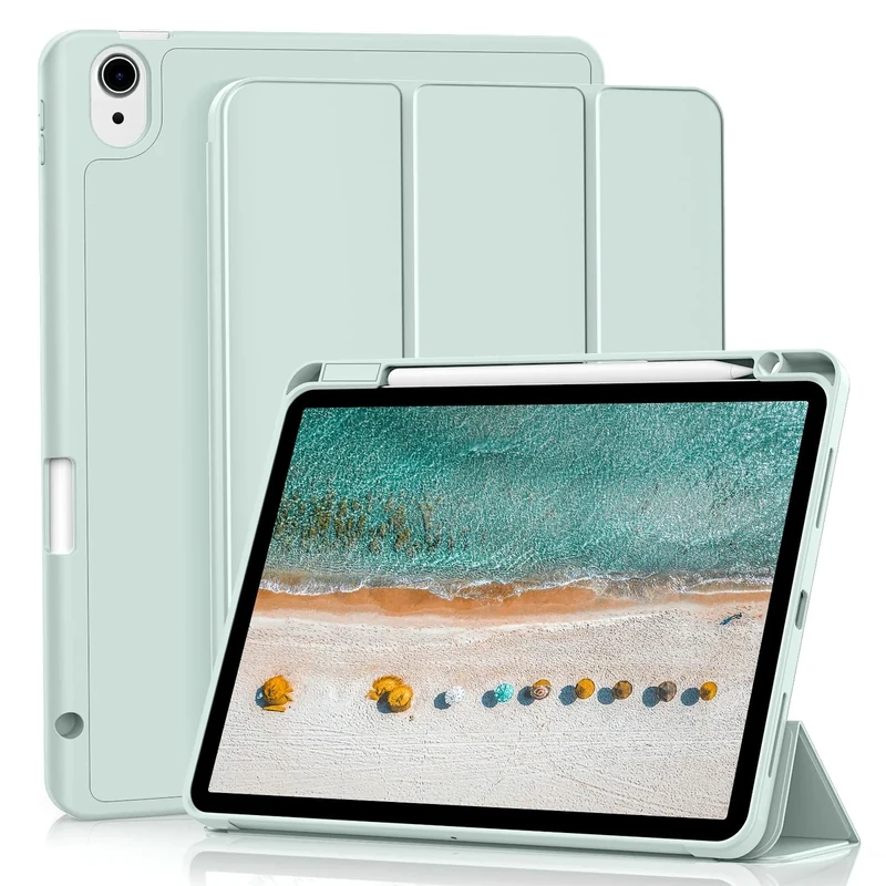 GKABXY Case for iPad Air 11 inch M3 2025/M2 2024, iPad Air 5th/4th Generation (2022/2022) with Pencil Holder, Ultra-thin soft tri-fold bracket, Auto Wake/Sleep, Light Green