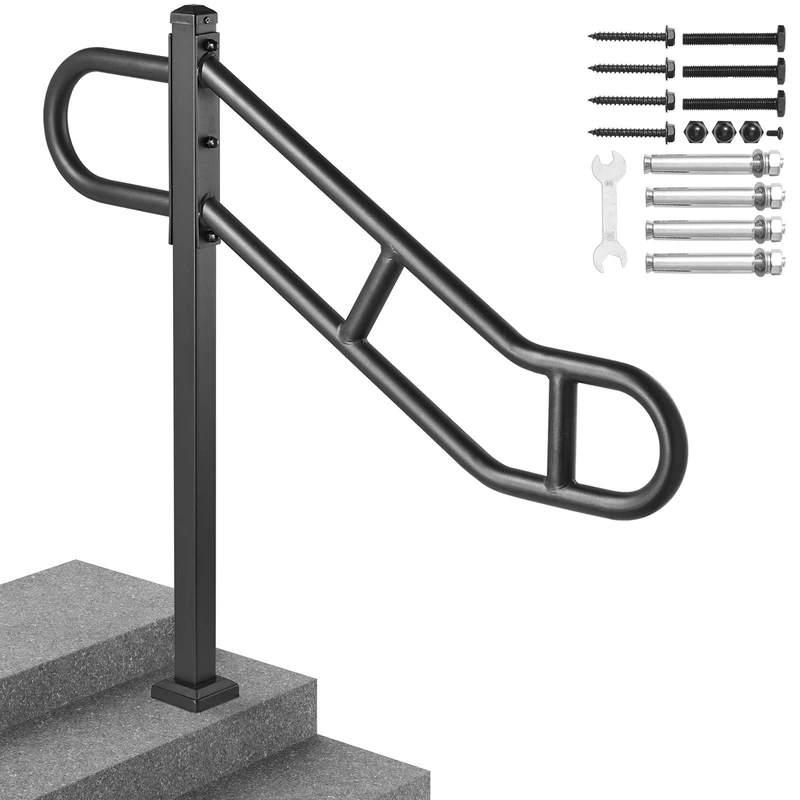 VEVOR Single Post Handrail for Outdoor 1-3 Steps, 40.5" L x 35.4" H Metal Bent Stair Handrails, Floor Mounted Carbon Steel Stair Railing, U-Shaped Post Grab Rails with 2 Anti-Skid Crossbar for Garage