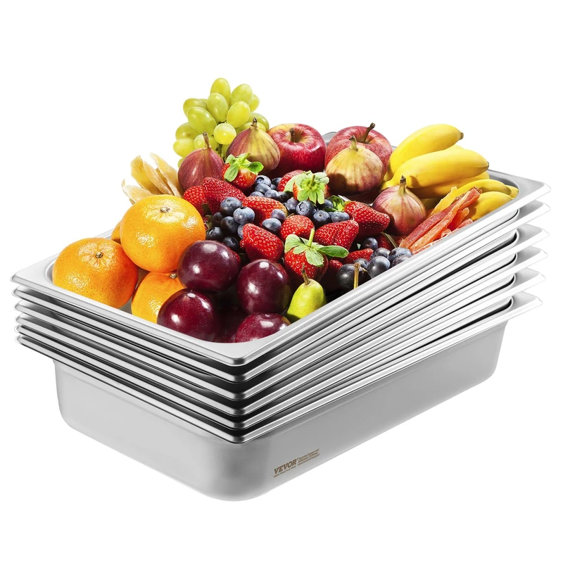 VEVOR Gastronorm Container, Stainless Steel Container, Pack of 6, 530 x 326 x 107 mm Food Container, Commercial Steam Pan, Warming Container, 13.9 L Depth, Hotel Pan Table Food Pan Buffet Catering