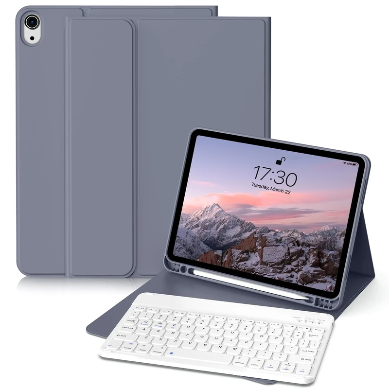 GKABXY Case with Keyboard for iPad Air 11 inch (2025 M3/2024 M2), iPad Air 5th/4th (10,9 inch 2022/2020) Soft TPU Back with Pen Holder, Magnetically Detachable Bluetooth Keyboard cover, Purple