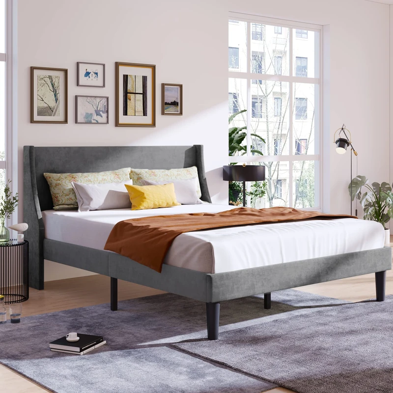 Merax 4FT6 Double Bed, Upholstered Bed Frame with Broad and Thick Winged Headboard, Sturdy Wood Slat Support, Velvet Grey, 135x190cm