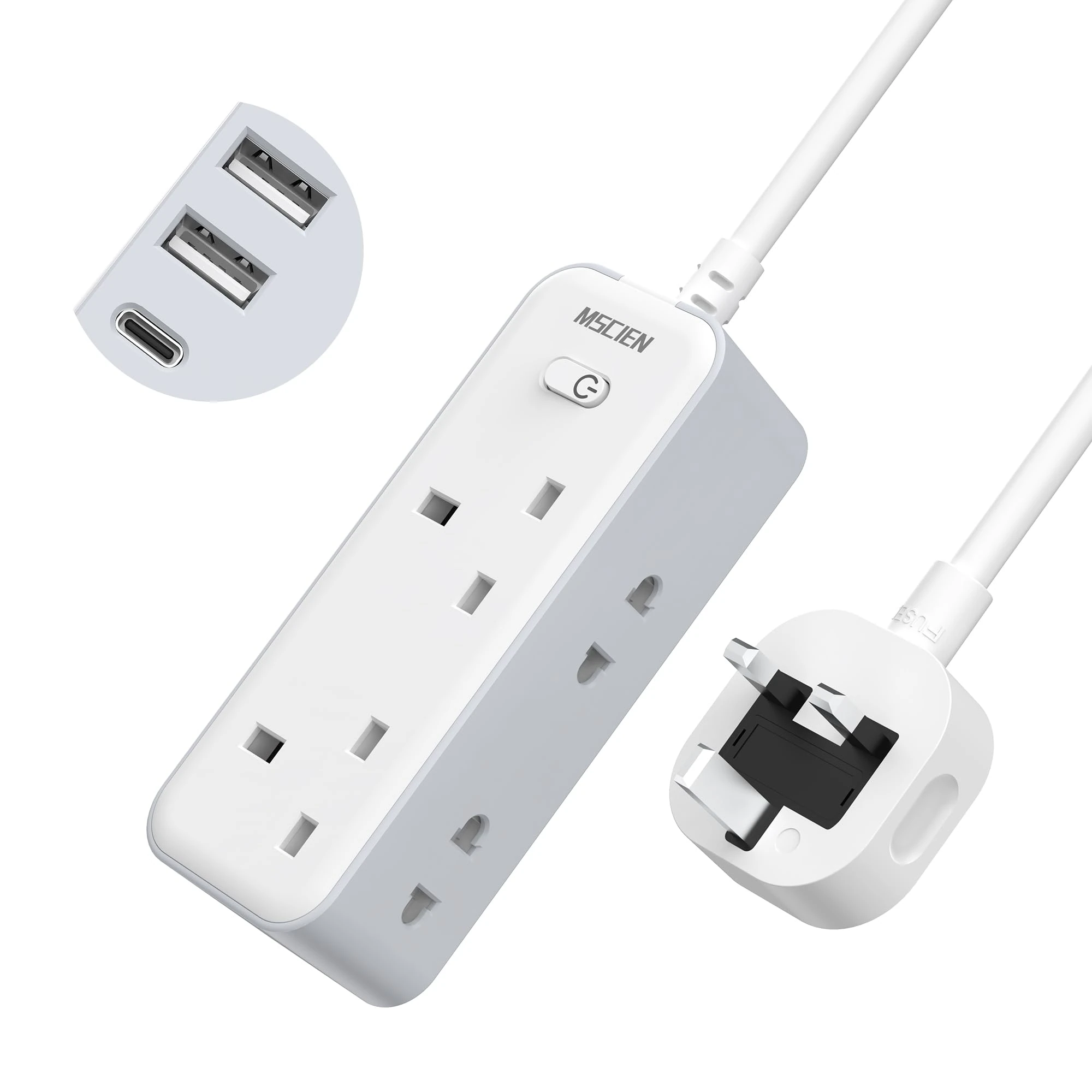 2M Extension Lead with 3 USB Slots, Mscien Shaver Plug Adaptor UK 2 Way with 13A Fuse, Extension Cable 2 Metre with Wall Mountable, Power Strip for Electric Toothbrush, Shaver (3250W)