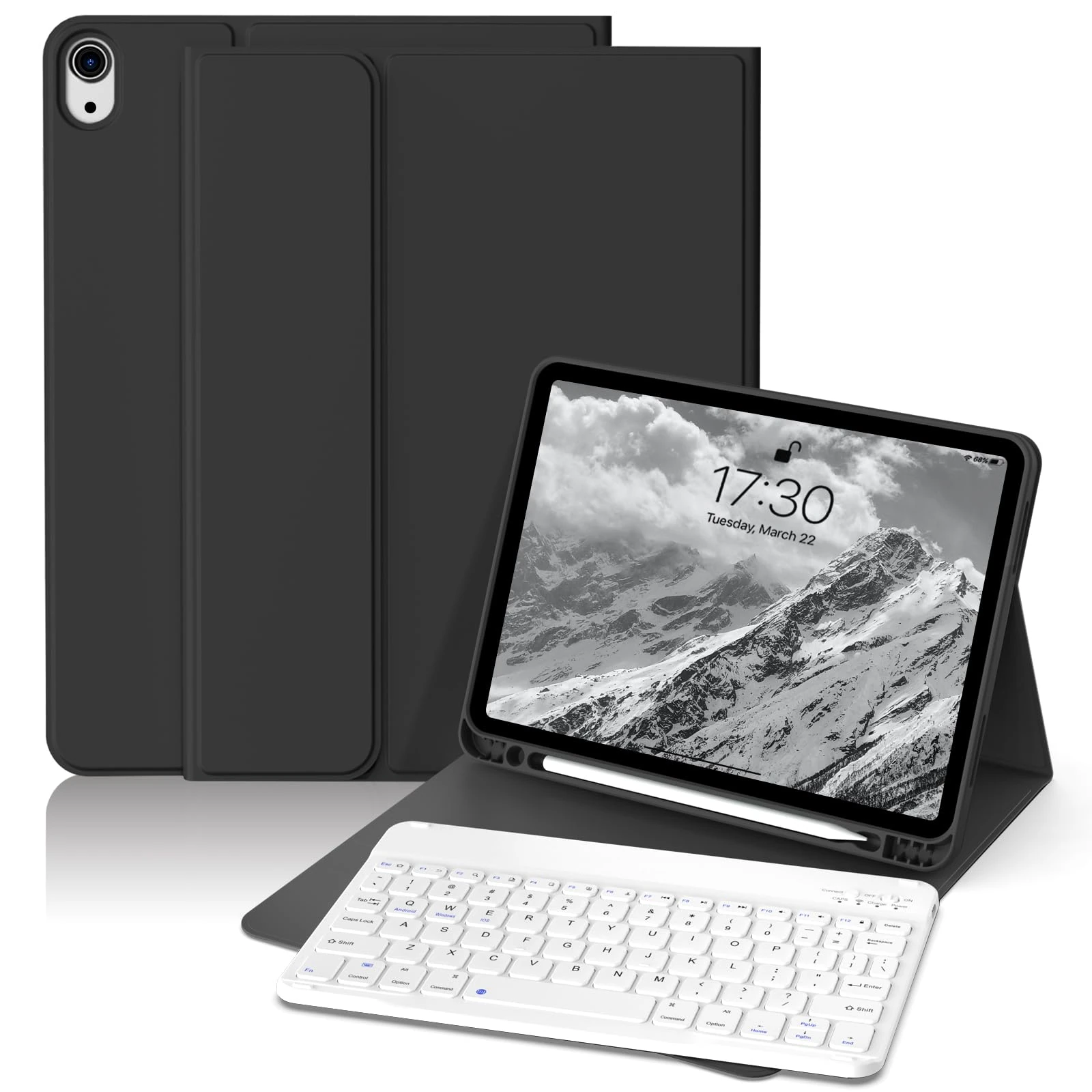 GKABXY Case with Keyboard for iPad Air 11 inch (2025 M3/2024 M2), iPad Air 5th/4th (10,9 inch 2022/2020) Soft TPU Back with Pen Holder, Magnetically Detachable Bluetooth Keyboard cover, Black