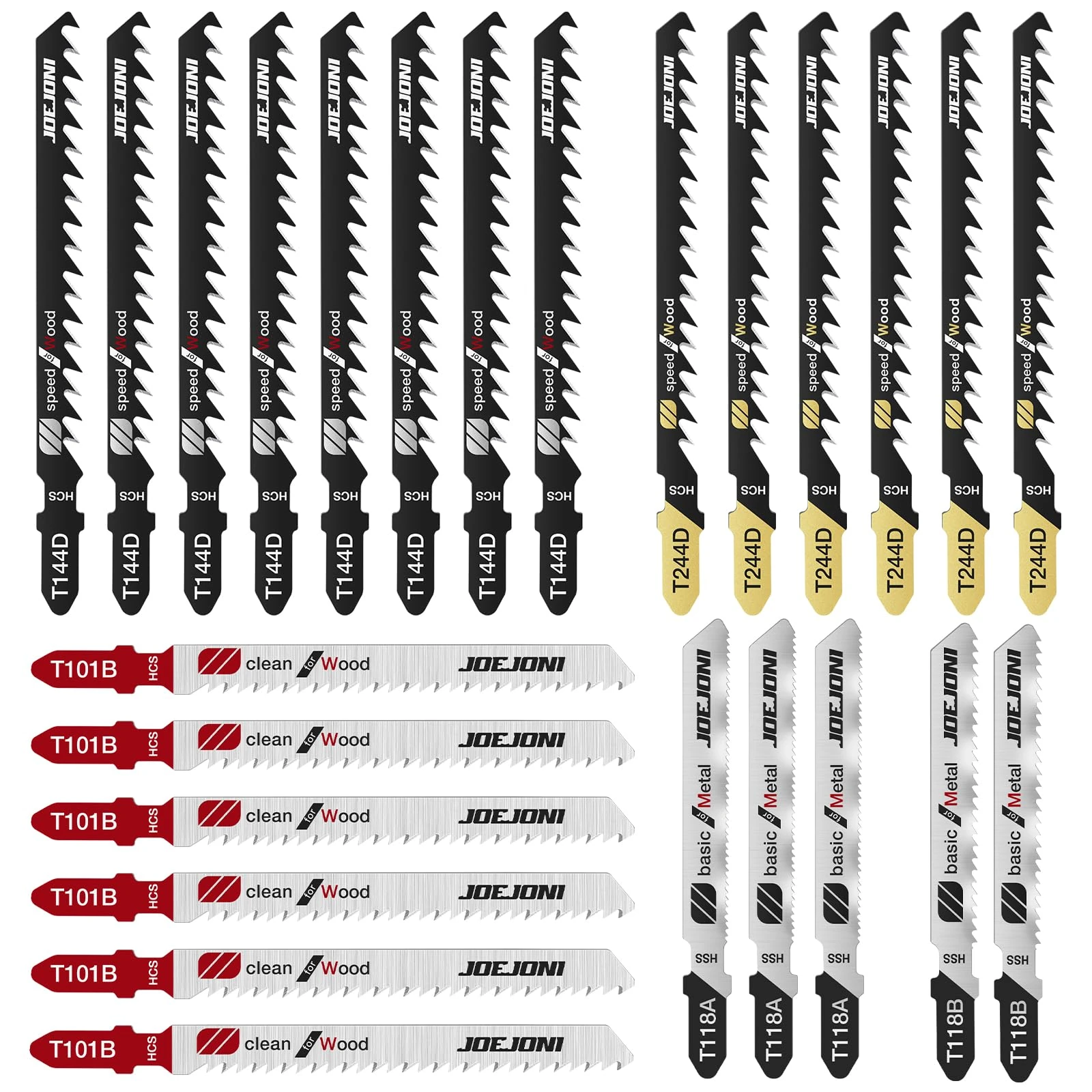 JOEJONI Jigsaw Blades Set, 25 PCS T-shank Jigsaw Blades, Jigsaw Blades with Storage Case, Jigsaw Accessories for Wood, Plastic and Metal