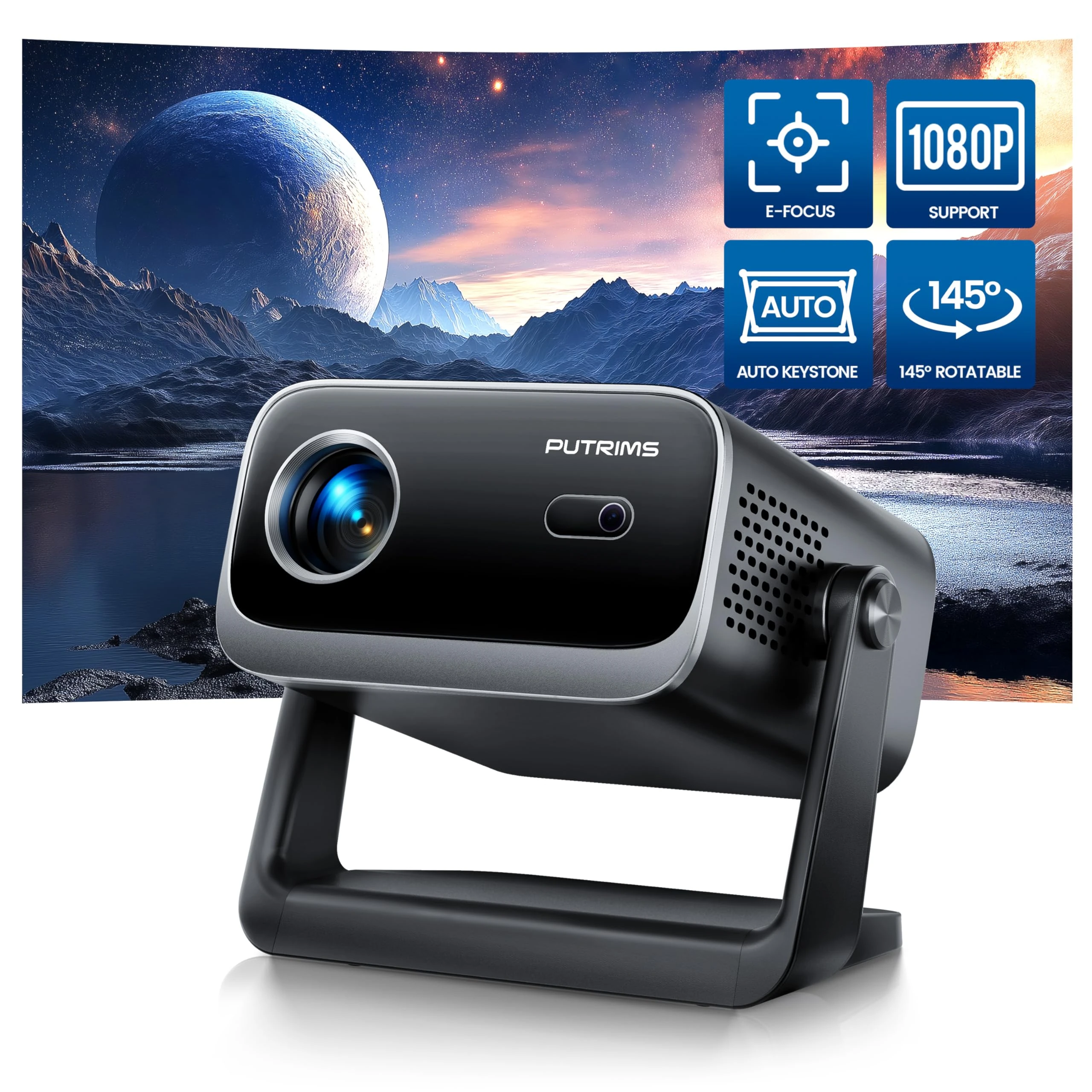 Mini ProjectorDust Proof & Electric Focus & Auto Keystone25000LM Portable Projector 4K 1080P FHD Supported, PUTRIMS TV Projectors Zoom, WiFi Bluetooth 145°Rotatable Phone Projectors for Outdoor Home