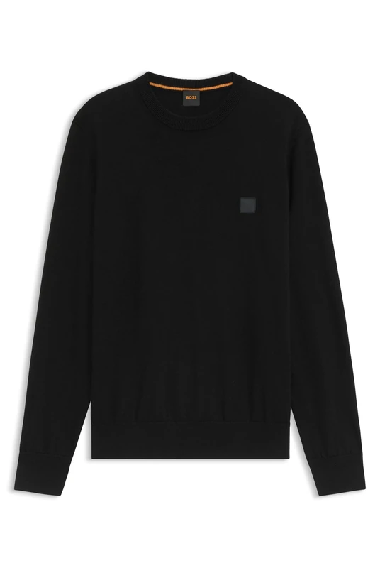 BOSS Mens Kanovano S Knitted Sweater in Cotton and Cashmere with Logo Label Black