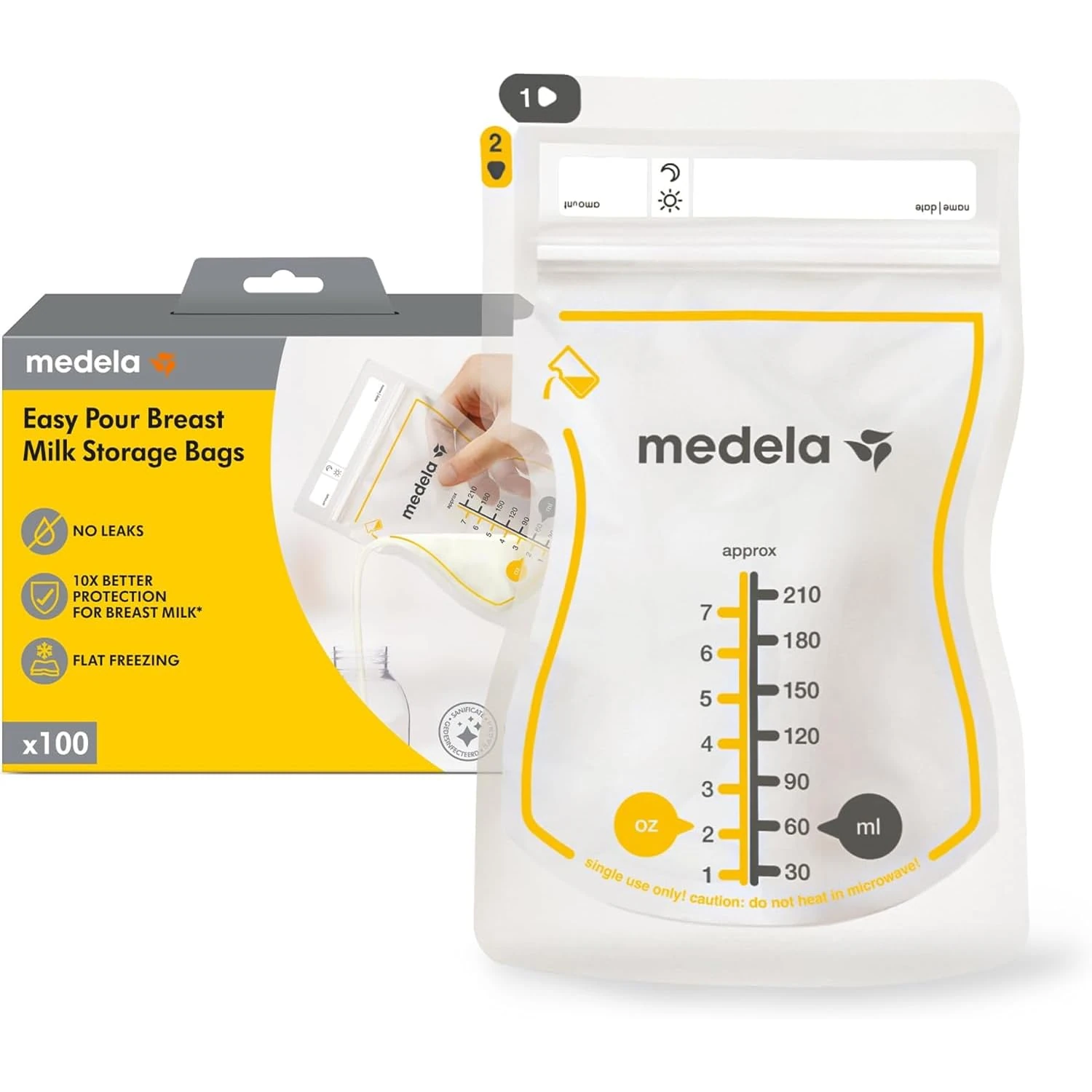 Medela Easy Pour Disposable Breastmilk Storage Bags, 210 ml Capacity, Leakproof Design with Milk Protection, Made Without BPA, Pack of 50