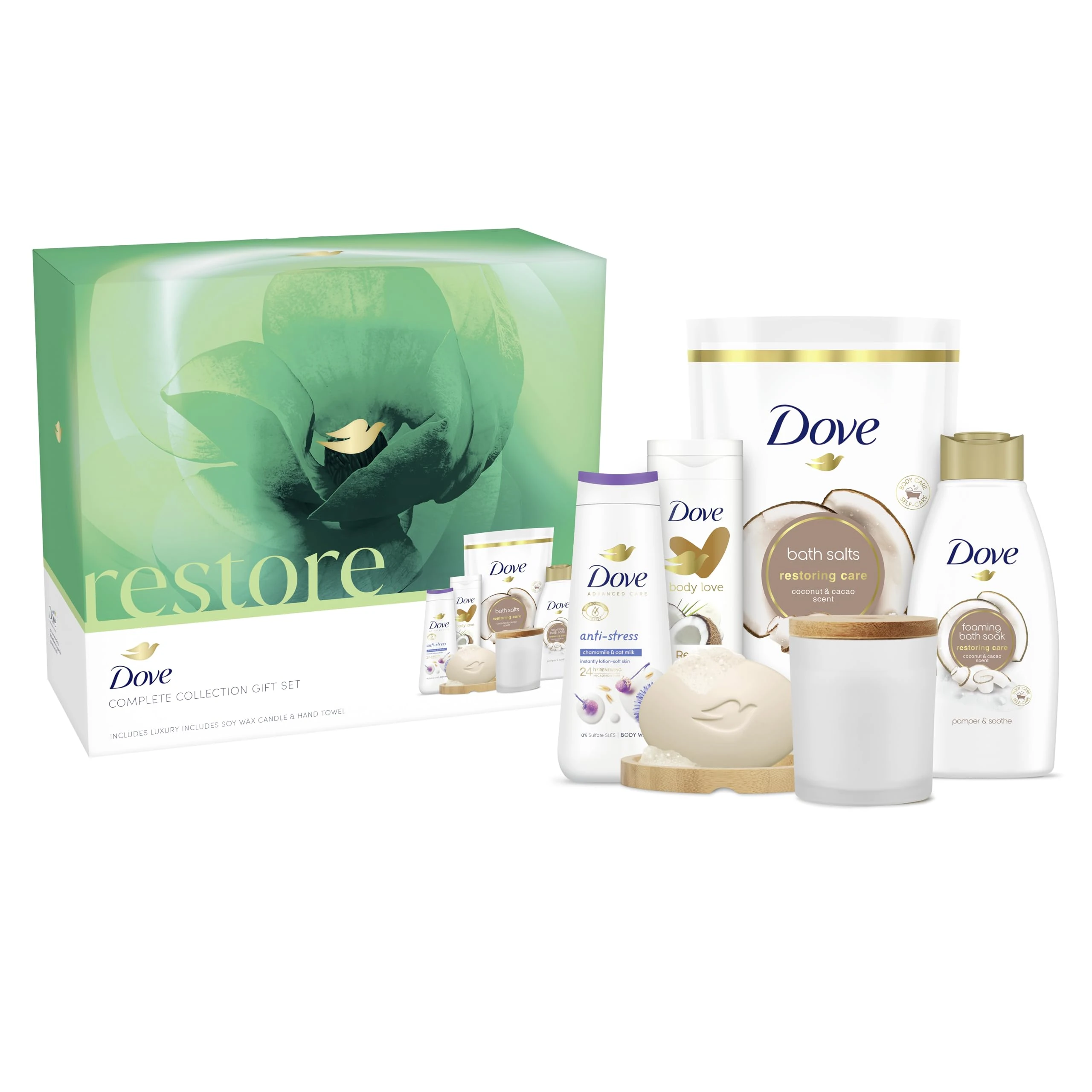 Dove Restore Body Wash Shower Gel, Bath Salt & Soak, Beauty Bar & Lotion Gift Set 5 piece