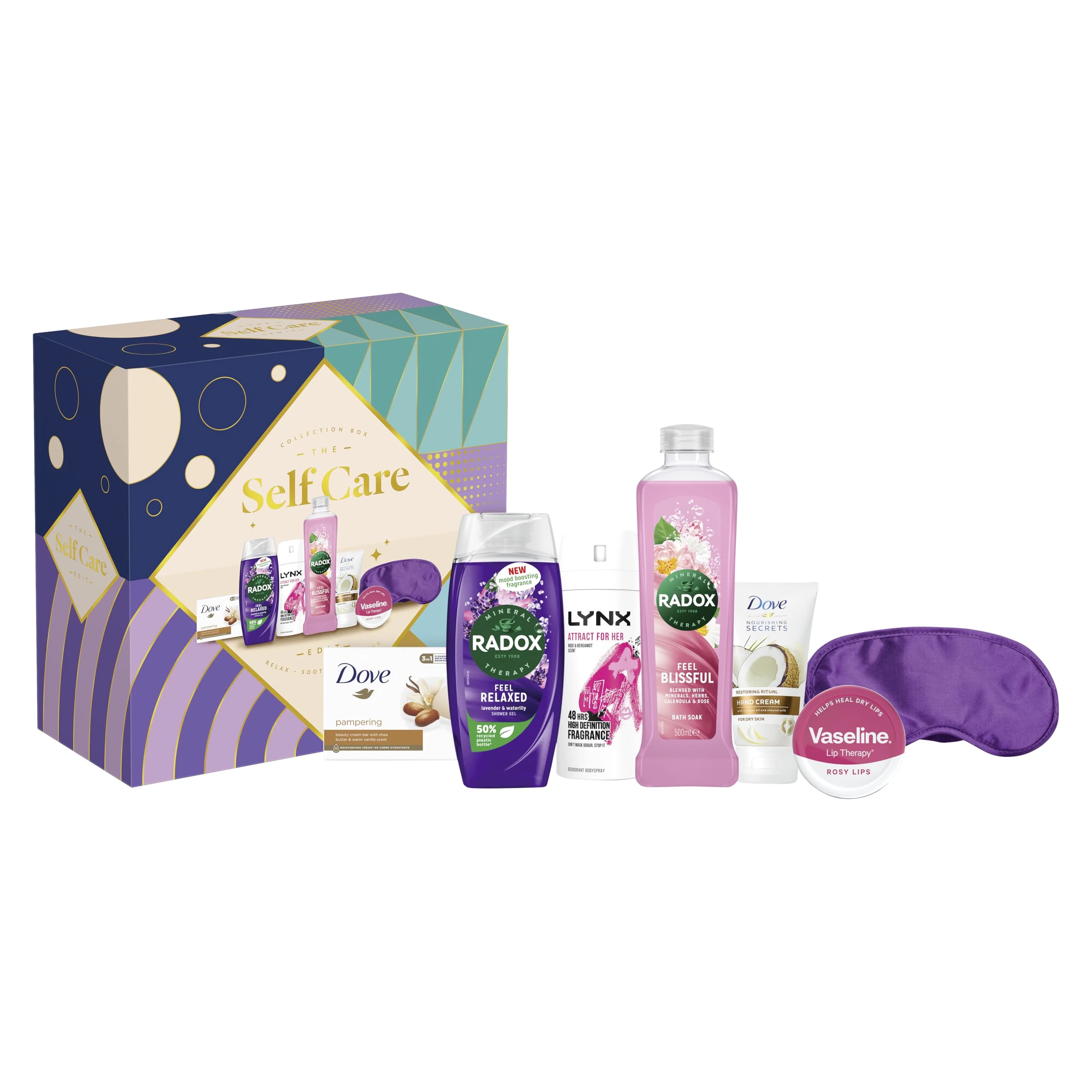 Radox, Lynx, Dove & Vaseline Self Care Collection Box 6 piece Gift Set with an Eye Mask, Body Wash, Bath Soak, Hand Cream, Lip Balm, Beauty Bar and Body Spray Deodorant