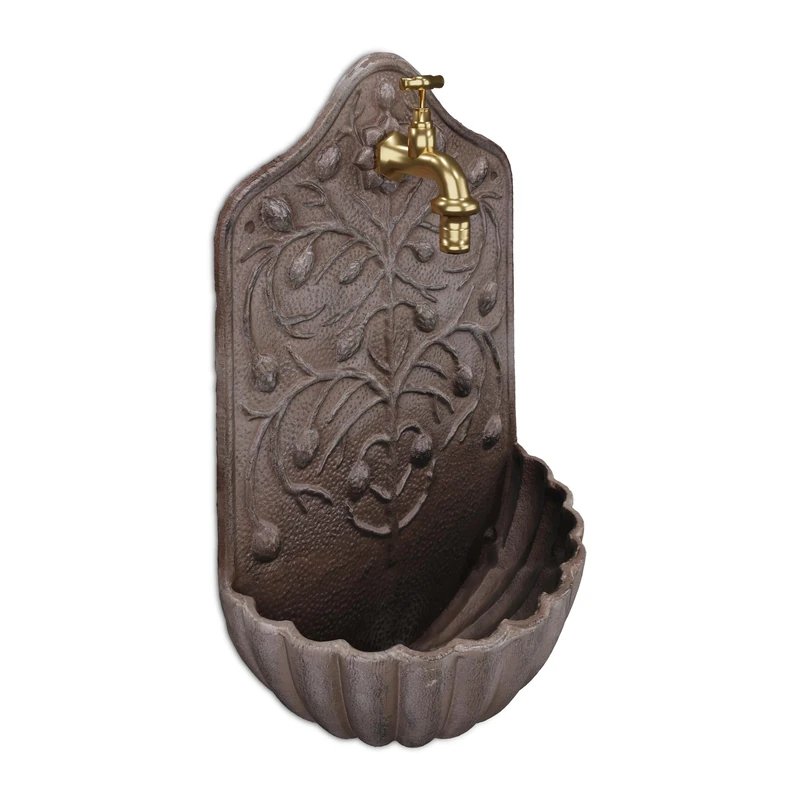 Relaxdays Wall-Mounted Fountain, with Tap, Garden Washbasin, Cast Iron, HxWxD: 40 x 24 x 15 cm, Antique Design, Brown