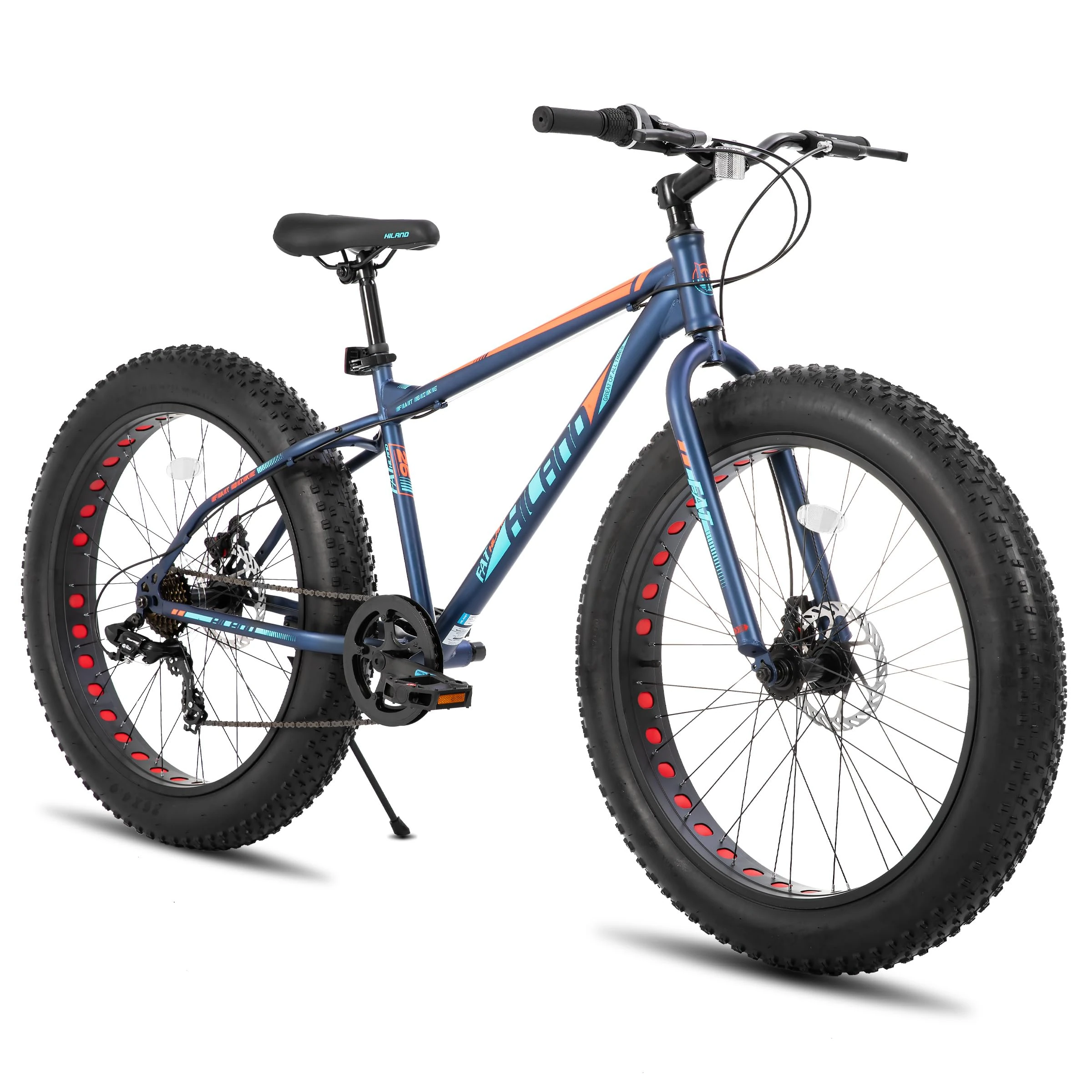 Hiland 24 Inch Fat Tire Mountain Bike for Boys and Girls, 7-Speed Mountain Bike, Double Disc Brake, Beach And Snow Bike Blue