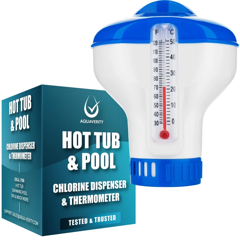 AQUAVERITY Chlorine Dispenser for Hot Tub with Built-in Thermometer – Floating Chlorine Dispenser for Hot Tubs, Pools, and Spas – Adjustable Flow Control, Durable Design