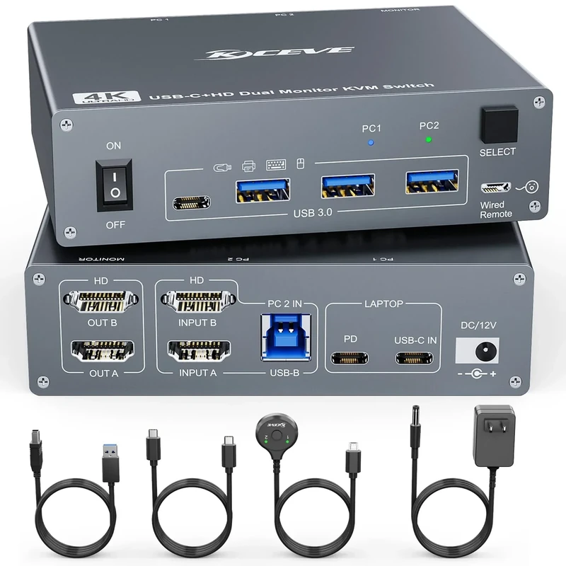 8K KVM Switch 2 Monitors 2 Computers USB C HDMI, Dual Monitor USB 3.0 USB Typc C KVM Switcher Supports 8K@60Hz for 2 Computers Share Keyboard, Mouse and Monitor