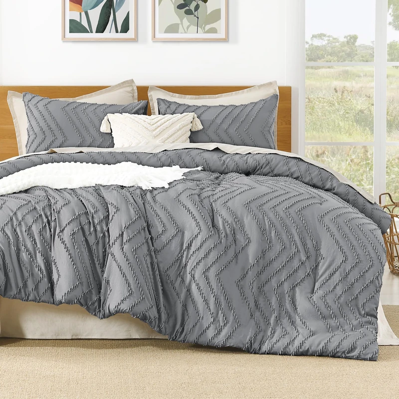 Litanika California King Size Comforter Set Medium Gray, 3 Pieces Chevron Tufted Bedding Set & Collections, All Season Bed Set (104x96In Comforter and 2 Pillow Shams)