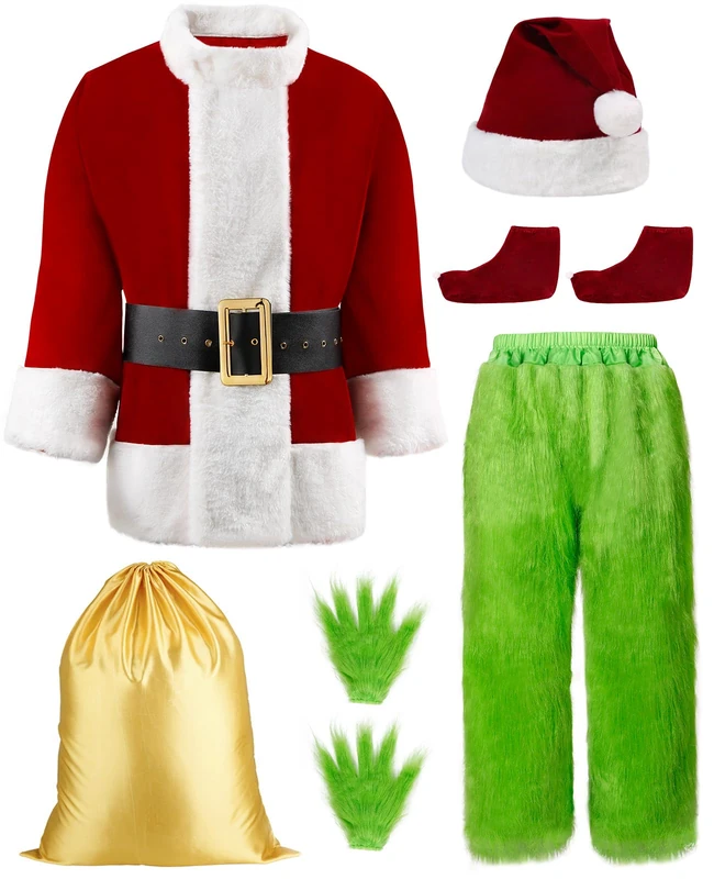 Suroomy Green Christmas Costume for Men Santa Costume with Mask 8PCS Deluxe Furry Halloween Costumes Adult Funny Cosplay Outfit (Including Mask) Medium - Image 1
