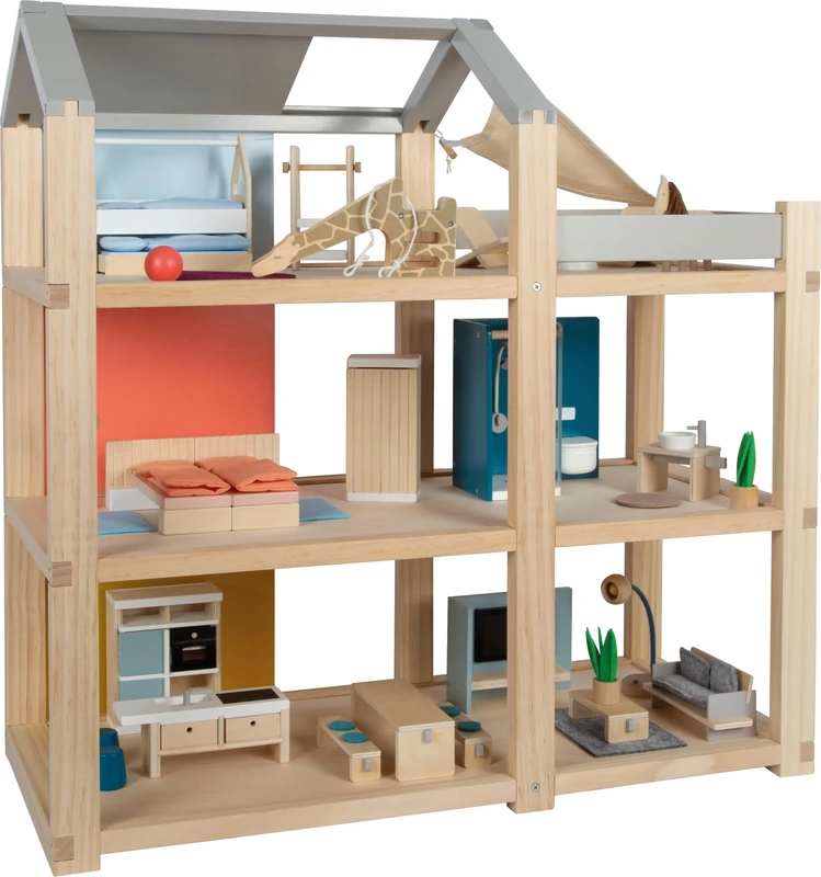 Small Foot Doll House Natural with Furniture, wood, with 3 floors and roof terrace, for kids aged 3+ years, 12541