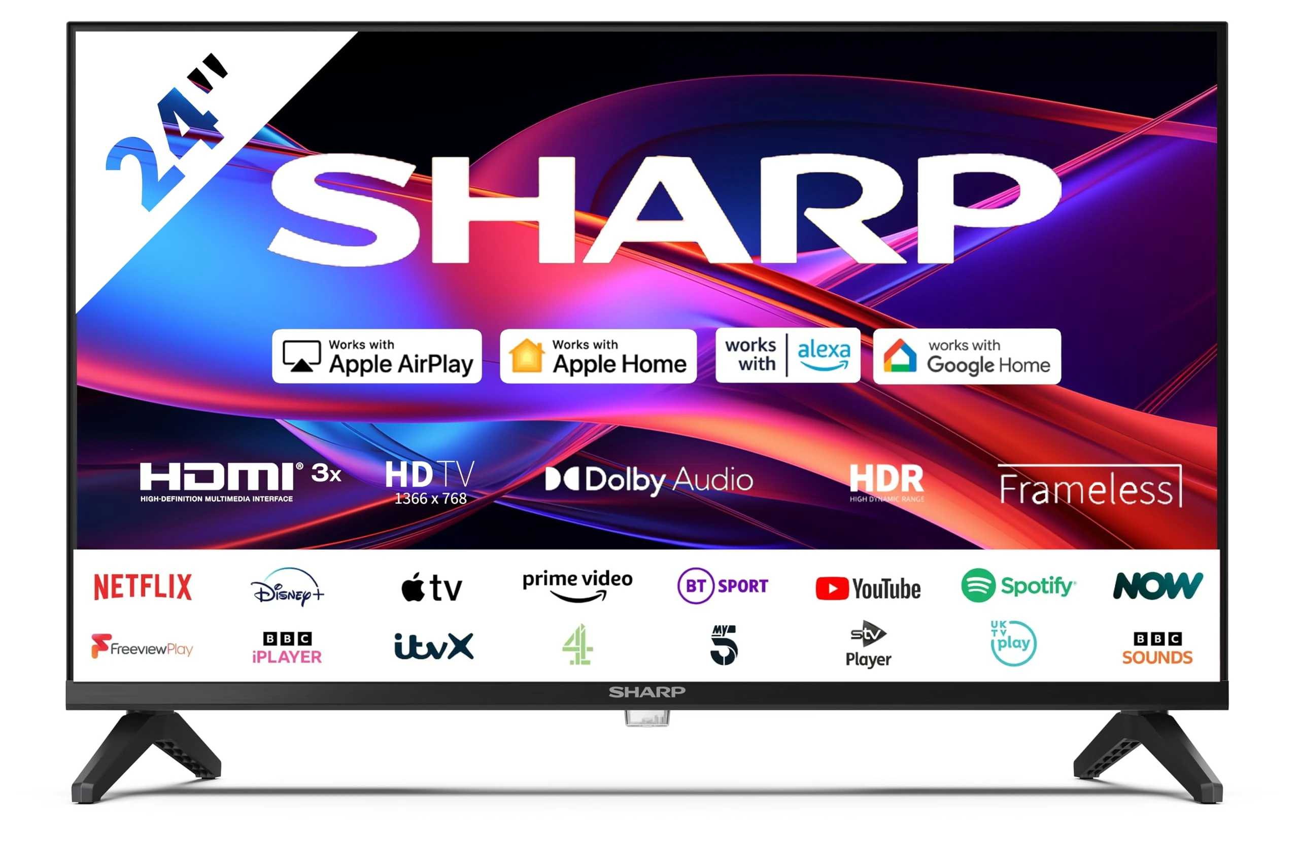 SHARP 24GD2225K 24-Inch HD Ready Frameless Roku Smart LED TV – HDR10, Active Motion 200, AV1 Codec, 3x HDMI, Dolby Digital Plus, Apple AirPlay, Google Cast, Voice Assistant Compatible – Black